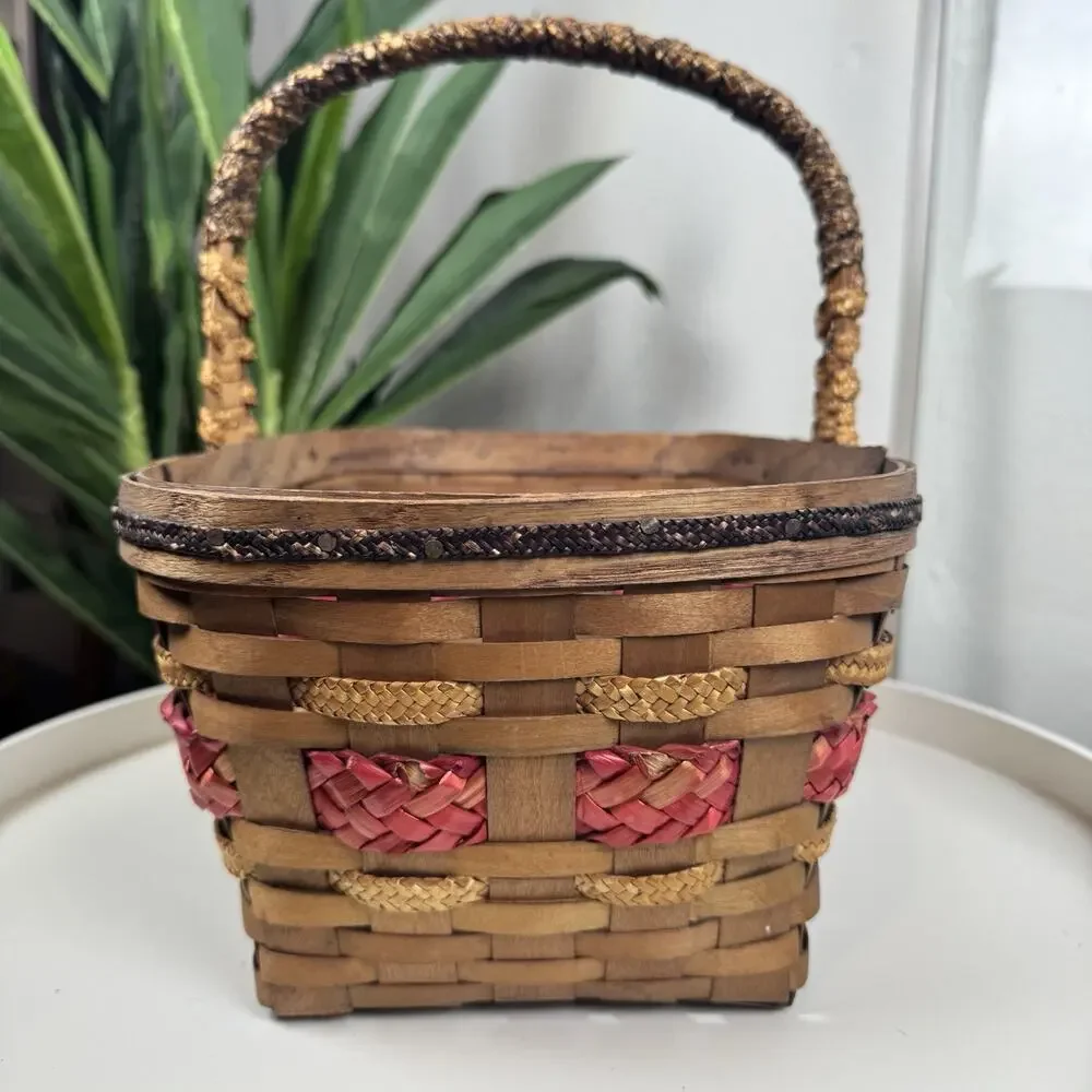Vintage Primitive Gathering Basket Wood Splint Farm Market Basket Red‎ Accent